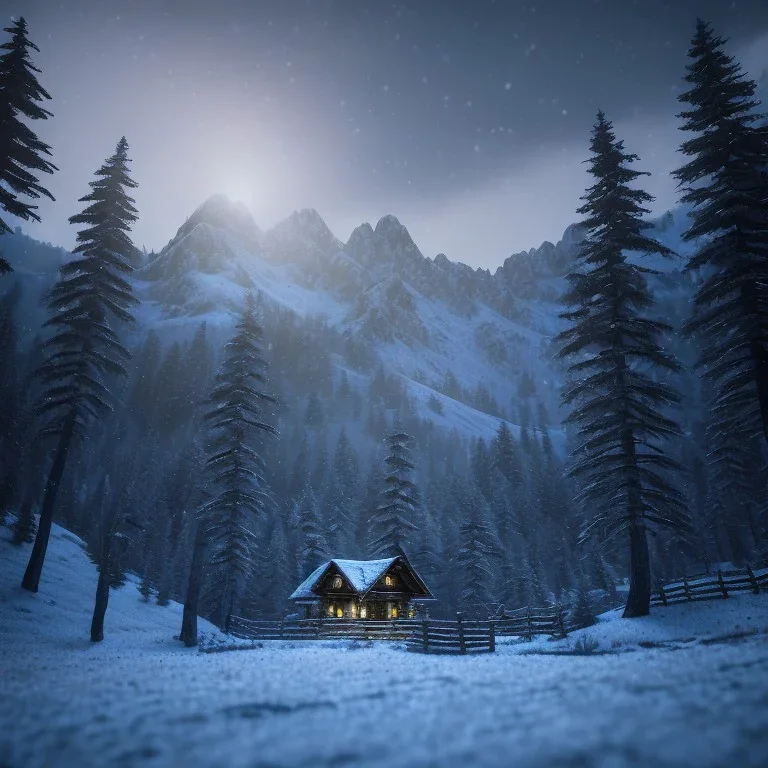 Snowy forest, horror style, mountain hut in the background, Alps, night, 8k, HD, cinematography, photorealistic, Cinematic, Color Grading, Ultra-Wide Angle, Depth of Field, hyper-detailed, beautifully color-coded, intricate details, beautifully color graded, Cinematic, Color Grading, Editorial Photography, Depth of Field, DOF, Tilt Blur, White Balance, 32k, Super-Resolution, Megapixel, ProPhoto RGB, VR, Halfrear Lighting, Backlight, Natural Lighti