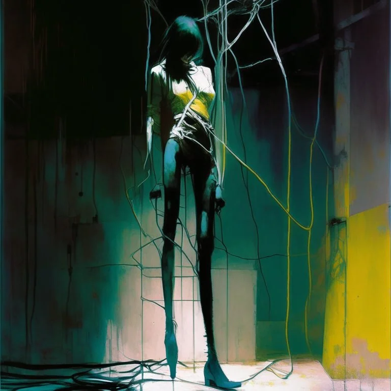 Minimal abstract oil painting of a woman limbs sinew. in concrete warehouse brutalist architecture and hanging wires illuminated at night. With triadic colours. In the style of Justin Mortimer and Phil Hale, Ashley Wood