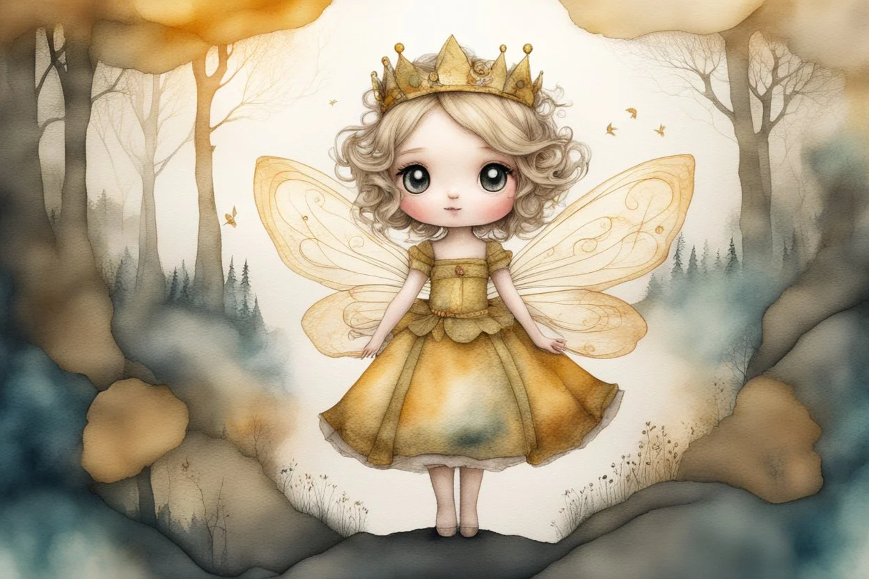 double exposure, merged layers, golden patina, corrosion, topographic lines, needle felt mohair cute chibi fairy princess, fairy village, watercolor and charcoal S<AI in sunshine