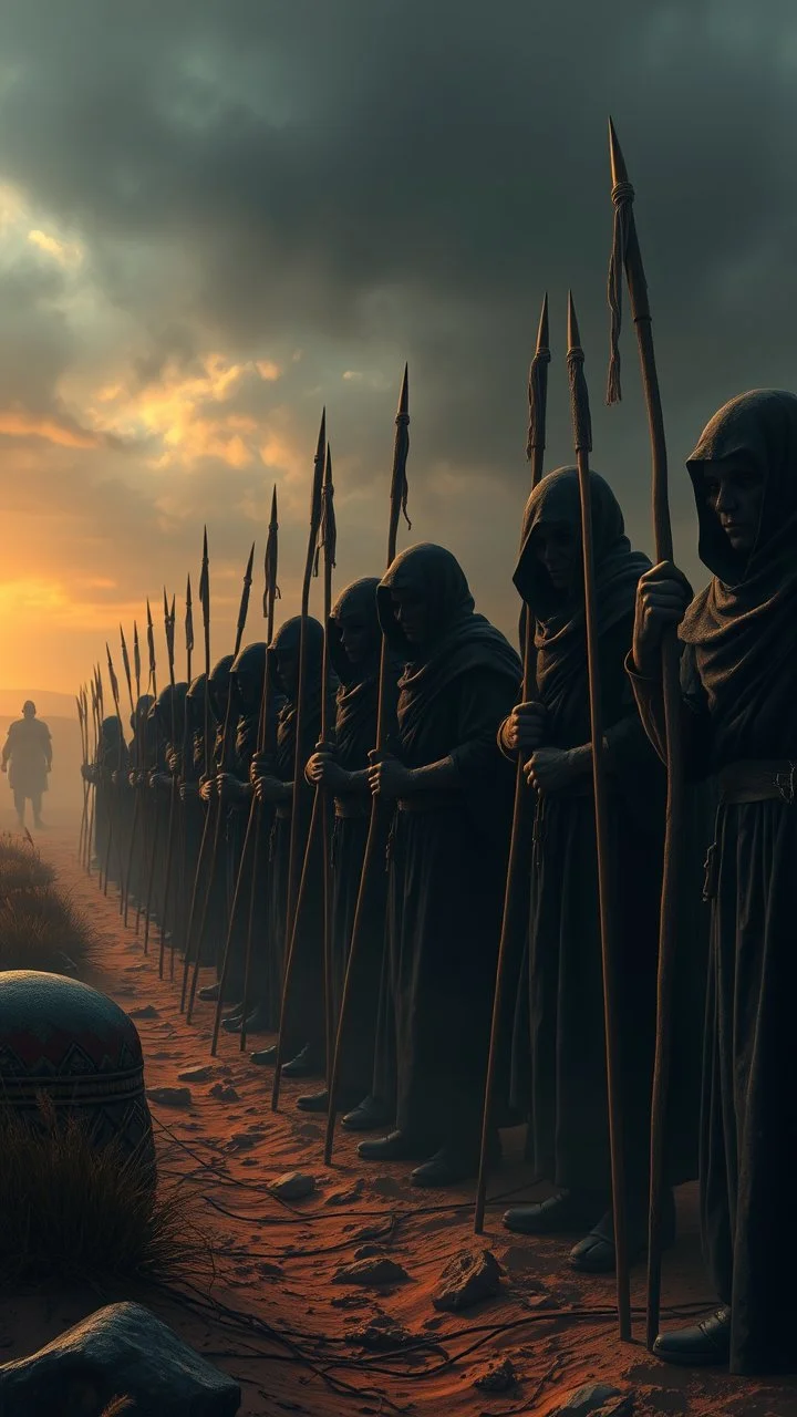 Bosch painting style nightmare , 3D ,a group of prisoners slave in black tied together in line in a guarded by strong soldiers with sticks dramatic misty scene of the sunset time in a stormy weather in the desert background, high Quality picture , 8k