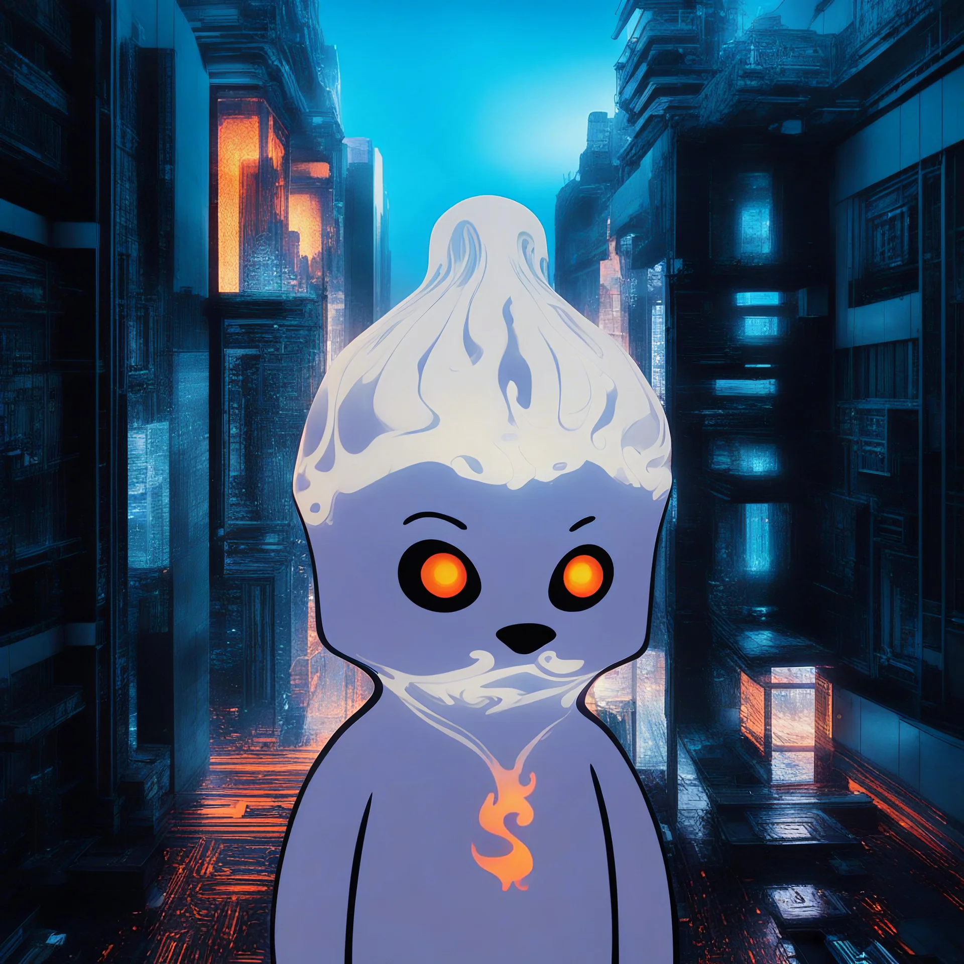 A 3D cyberpunk-inspired flame floating in a high-tech, enclosed room. The flame transitions from deep purple at its base to intense orange at its peak, with intricate energy patterns swirling within. It should have a realistic, volumetric appearance with a sense of depth and movement. The room around the flame is blurred but hints at futuristic design - sleek surfaces, subtle neon accents, and perhaps holographic displays. Vibrant lighting illuminates the scene, dominated by orange hues that ble