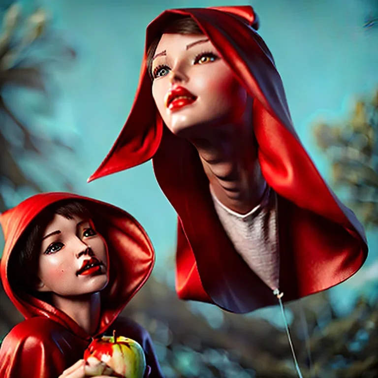 Red Riding Hood looks up to the sky while eating an apple on a balloon.