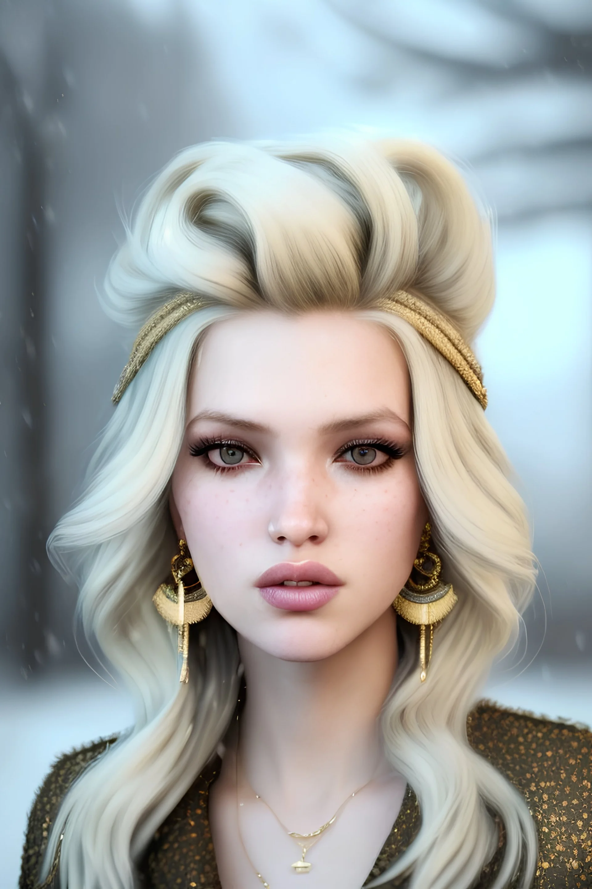 A portrait of blond hair girl, crasy hair, gold bitcoin earrings, white snow wall, art photography, bud coat, soft focus, ultrarealistic UHD face, 85mm, Canon, bokeh, blue background, stunning