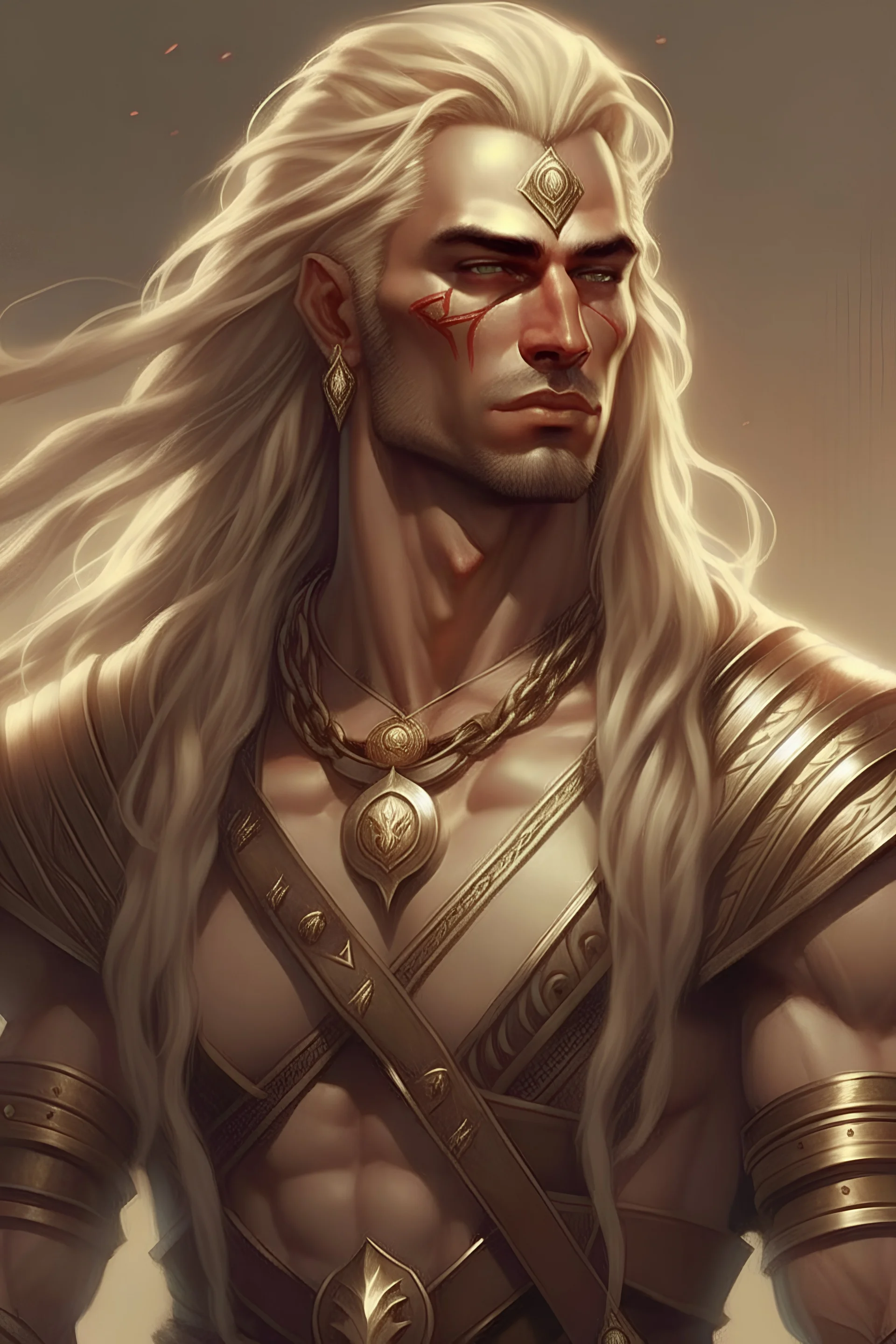warrior, blonde, male, tan skin, jewels, gladiator, long hair, elf