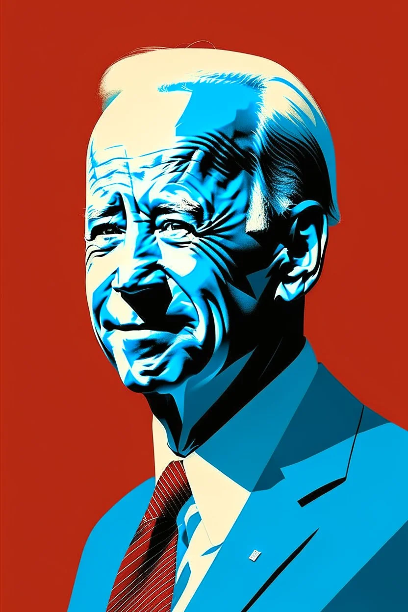 stylized stencil portrait of Joe biden in solid red, beige and (light and dark) blue