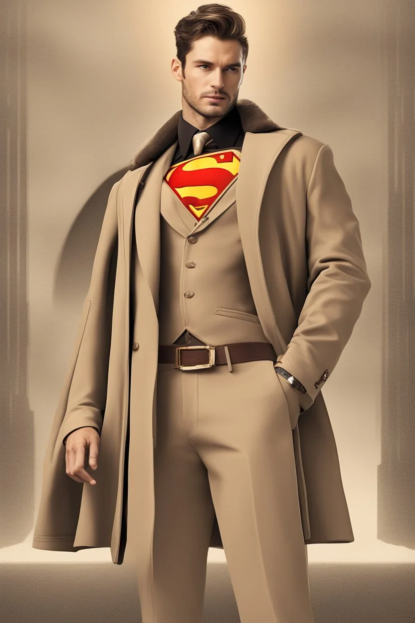 An elegant, unique and dazzling Men's winter Clothes inspired by Superman's emblem design concept art beige tones 8k