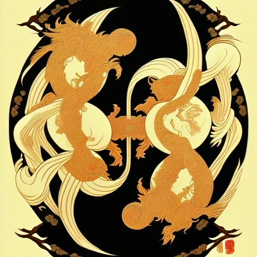 Ukiyo-e styled art, ying and yang sign