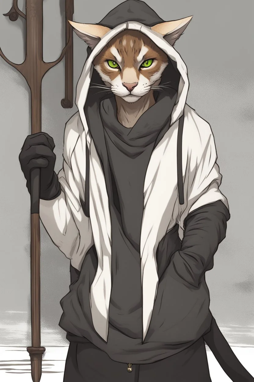 Male khajiit with grey fur and Hazel eyes wearing a black hoodie