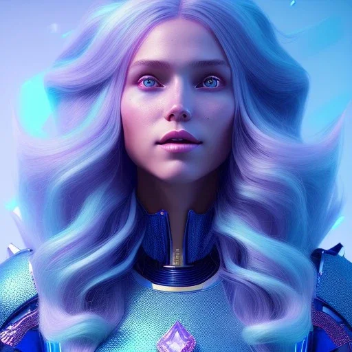 A portrait of a full body crystalised blue pink queen,smiling face, blue eyes, long blond hair, atmospheric, realistic, unreal engine, lighting, octane render.