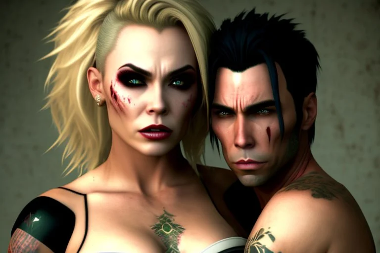 Jason David Frank short dark hair with hugging pretty blonde shorthaired sad girl crying, photo realistic, modern dark fantasy, penthouse