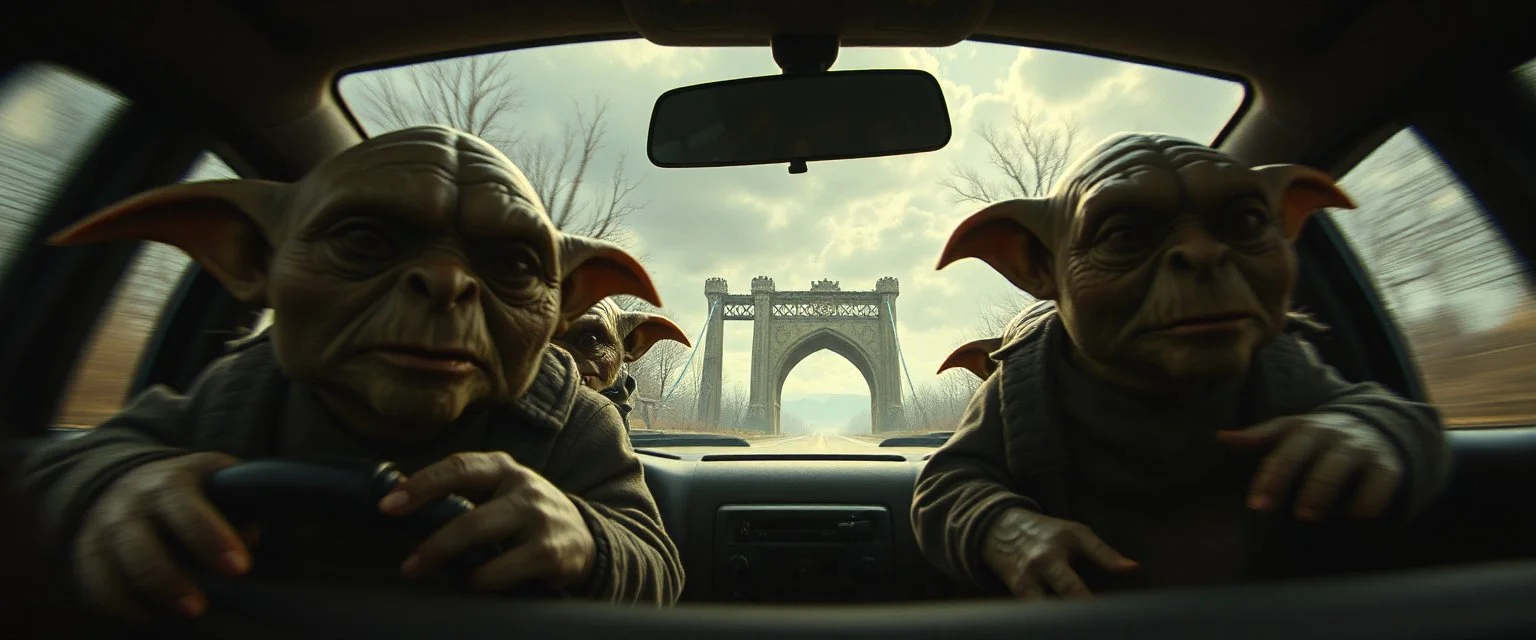 pin hole cam, master oil painting by Rembrandt superrealistic fallout 4,When somebody listens to everything you say but still is an asshole testicle goblins. hodenkobolds on the run, in fast car, motion blur, dimensional gate