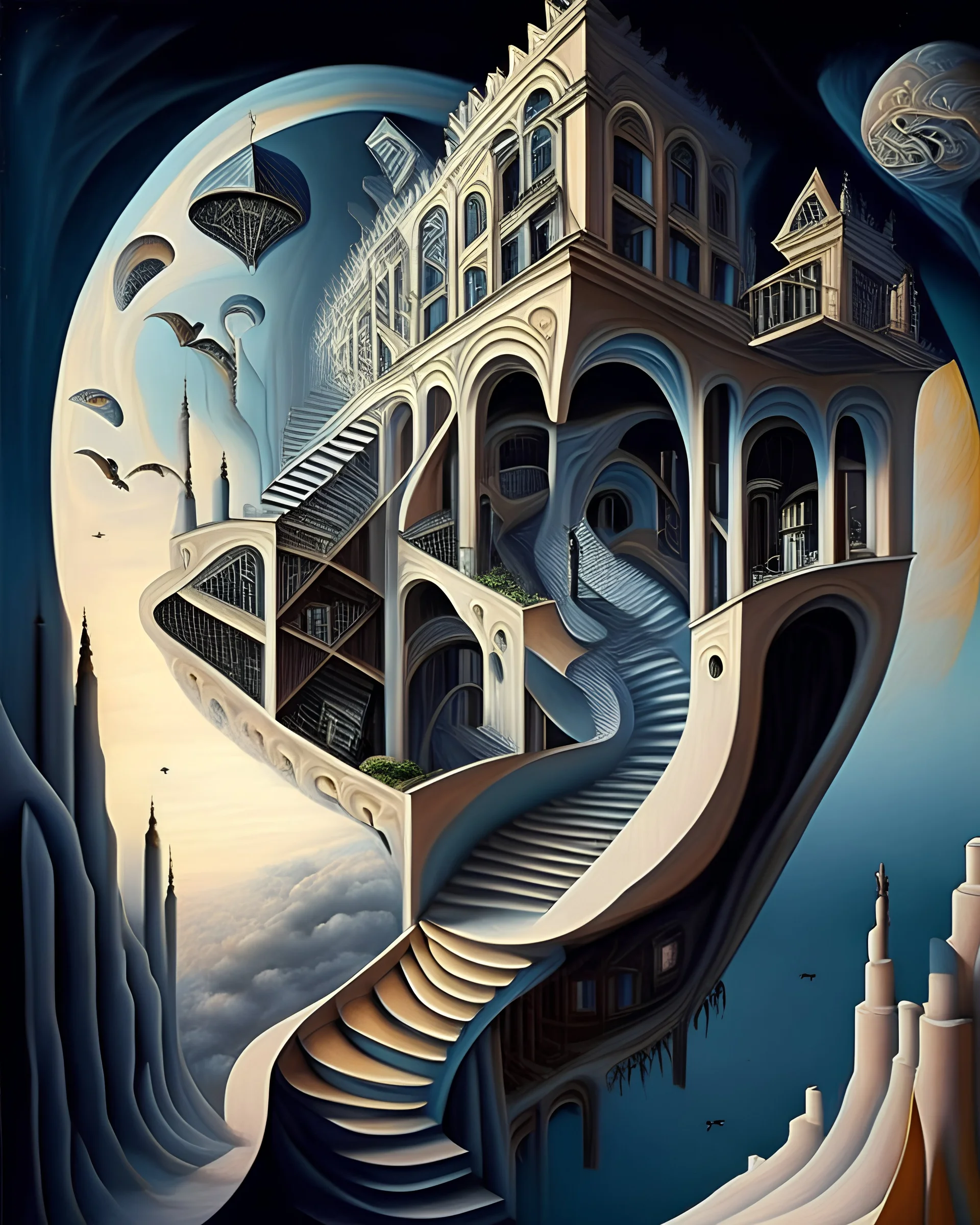 A captivating, surrealist painting of a gravity-defying, Escher-inspired building with multiple perspectives, impossible staircases, and fantastical elements that defy the laws of physics, set within a dream-like landscape.