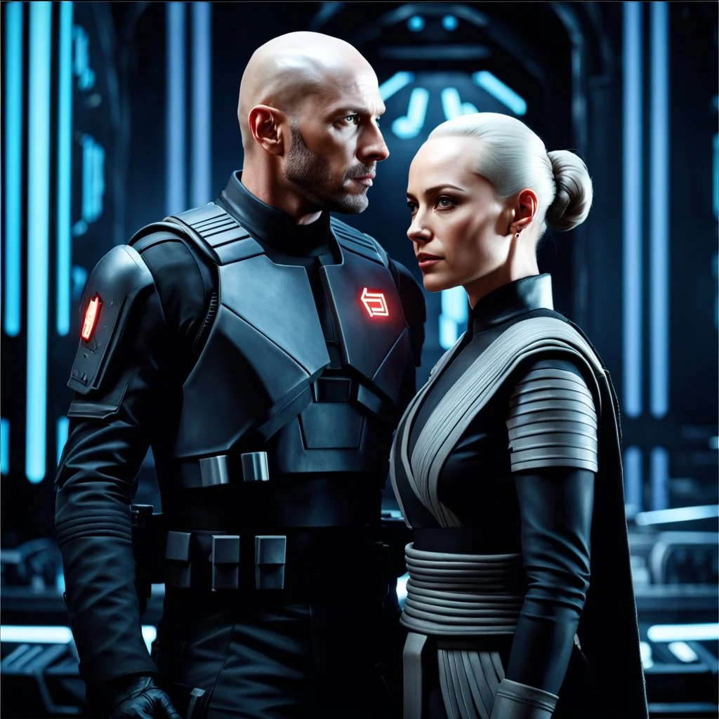 a bold and heroic bald male Corellian pilot in black and metallic grey First Order special forces gear meets a female Jedi Master in ancient, mystical temple, hyperdetailed, dynamic lighting, hyperdetailed background, 8k resolution, volumetric lighting, light skin, fully symmetric details