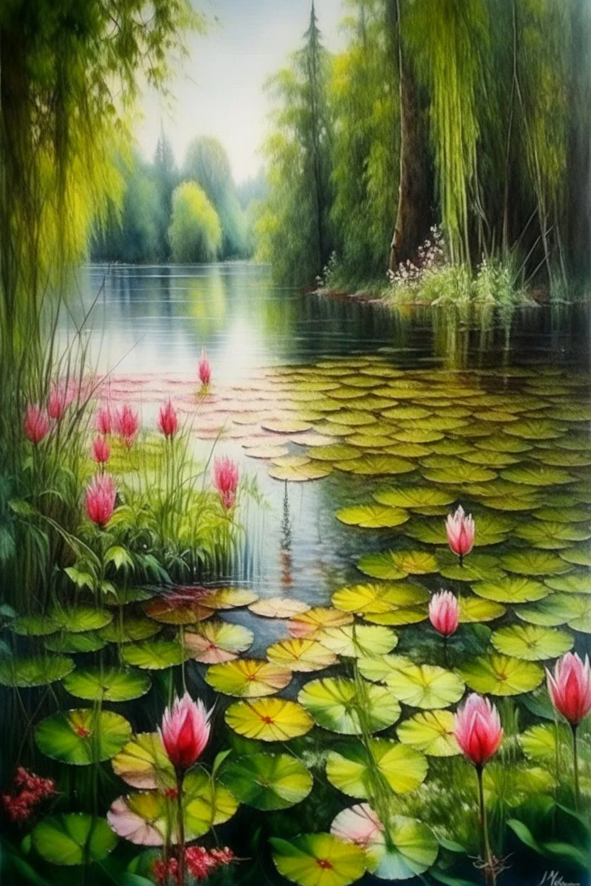 Vintage watercolor on a wet old canvas overgrown lake with weeping willows in the forest, pink water lilies float on the lake, fir trees, flowers, bells, herbs, bushes, vintage, realistic, summer, many details, colored pencil drawing, botanical, realistic, filigree, dark botanical, lumen, glare of the sun on the smooth surface of the lake, hyperrealism, the sun through the foliage, subtle drawing in black ink, in the style of A.Zhado