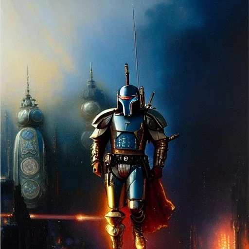 Jango Fett helmet, ancient metal helmet ,painting by gaston bussiere, greg rutkowski, yoji shinkawa, yoshitaka amano, tsutomu nihei, donato giancola, tim hildebrandt, cinematic composition, extreme detail,fit full head inside picture, muted colors