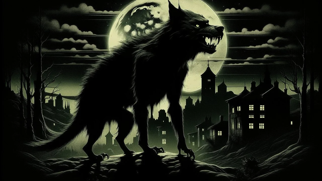 "Vintage Hollywood Horror Elegance: Design a classic film poster in captivating film noir style, featuring a menacing werewolf bathed in moonlight. The eerie glow illuminates a Gothic cityscape backdrop. Deliver a chilling sense of terror and suspense with chilling details, enhancing the old-world mystique of both beast and setting."