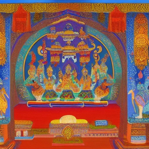 spiritual consciousness of Indian temple architecture in Tibetian painting style surrounded by mystical creatures