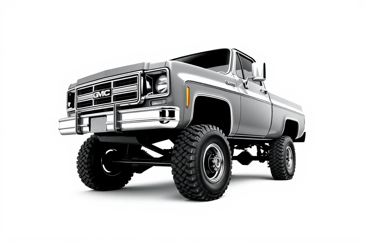 front corner 1973 GMC square body truck(lifted) facing to viewer's left, gray background, high contrast black and white vector