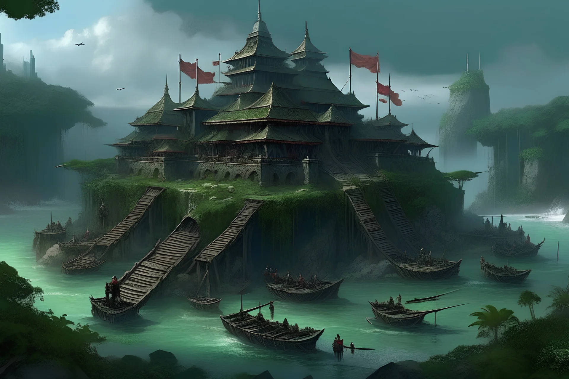 A big military fort of fantasy vampire soldiers, built at a shore in a jungle.