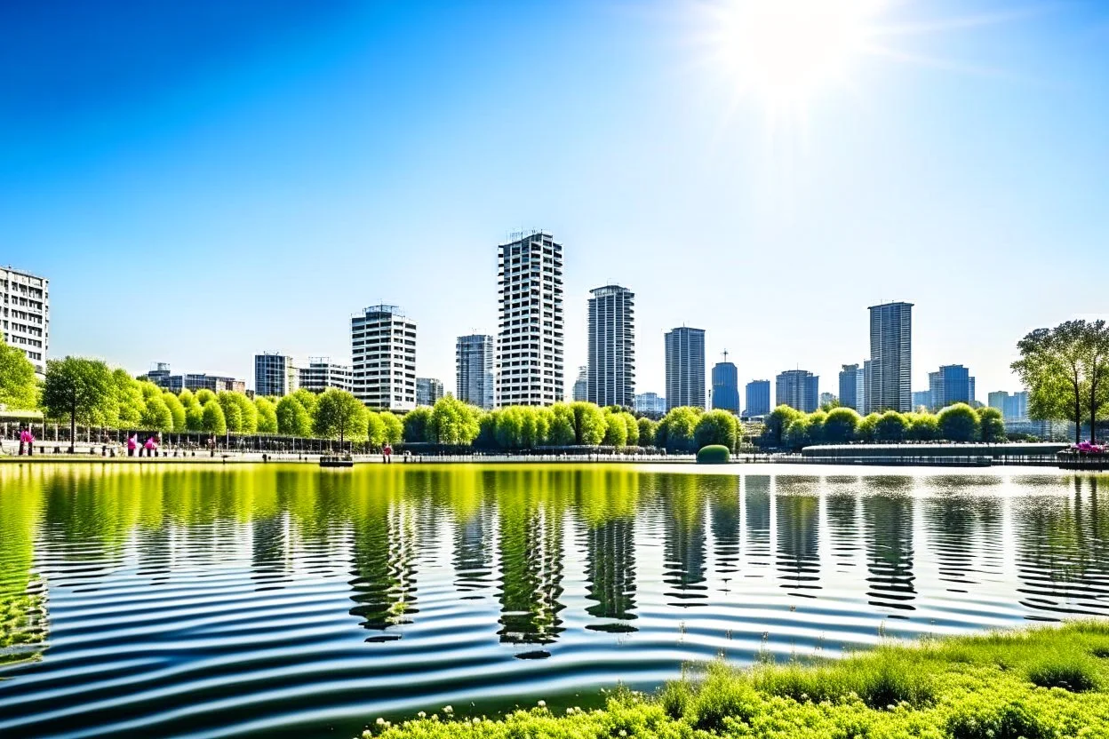 Sunny day, distant modern city, lake, lake reflections, people