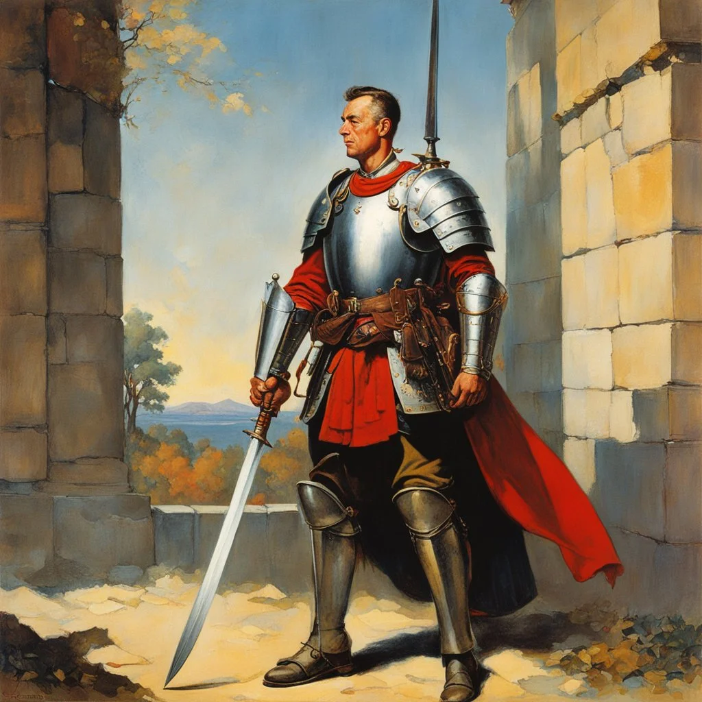 [art by Norman Rockwell] Clad in armor that bore the marks of countless battles, Roupinho stood tall and proud, his sword gleaming in the sunlight as if it were an extension of his very being. Forged by skilled artisans and imbued with the essence of his noble lineage, the sword was not just a weapon but a symbol of his duty and honor. Every day, Roupinho would seek solace and guidance in the presence of the Black Madonna. With reverent steps, he would ascend the worn stone steps leading to the