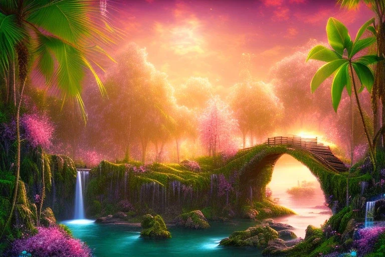 island waterfall palms twigs spring sunset pink flower bridge buterflies