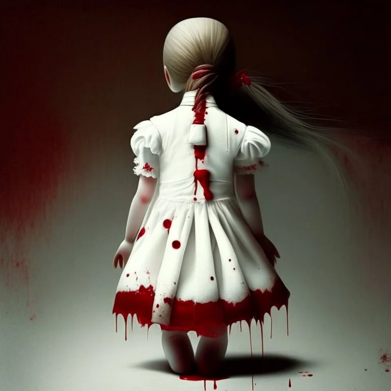 A girl's doll wearing a white dress with red blood bleeding from the back