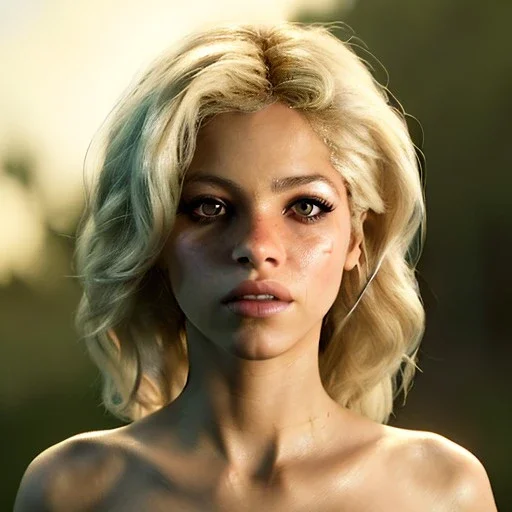 Shakira, artist, 30 years old, Realistic image, waist up portrait, Helmut Newton style. blonde, loose long hair, eyes make up, perfect, glow, circle iris. concept art, smooth, unreal engine 5, god lights, ray tracing, RTX, lumen lighting, ultra detail, volumetric lighting, 3d, finely drawn, high definition, 4k.