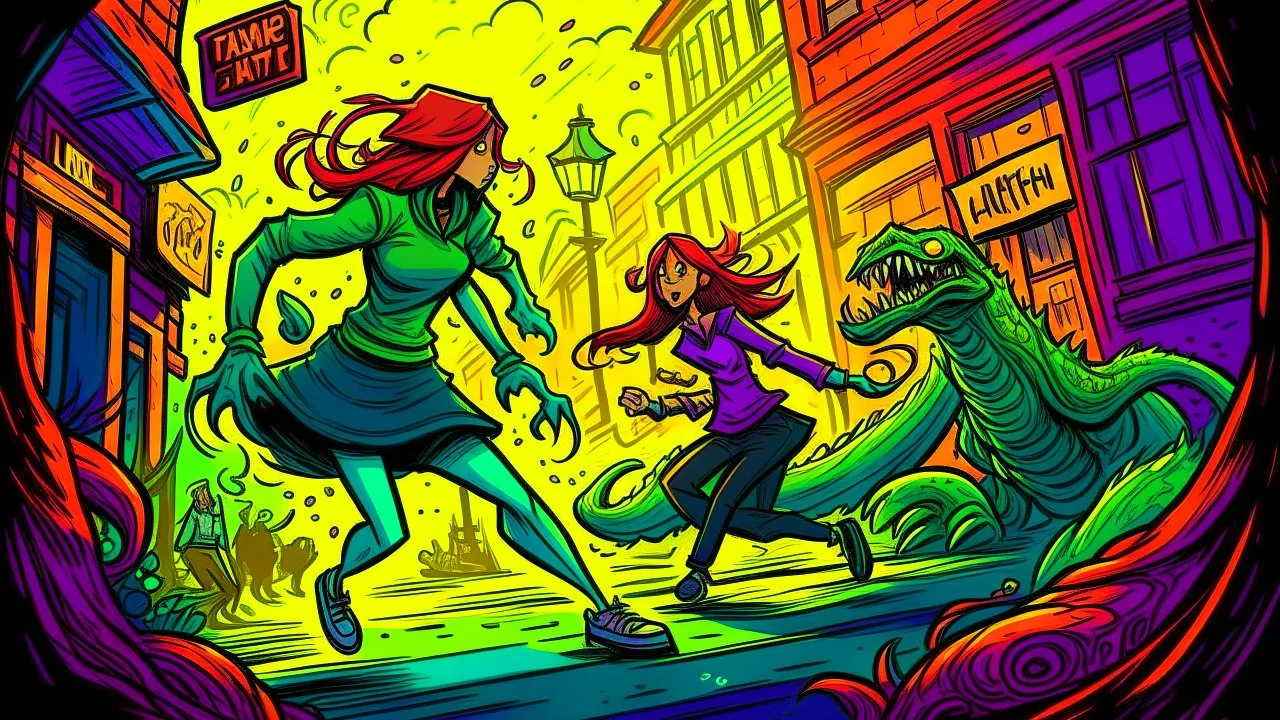 Creatures from 'Fiend without a face' chasing a woman down a street, detailed design, deep colour