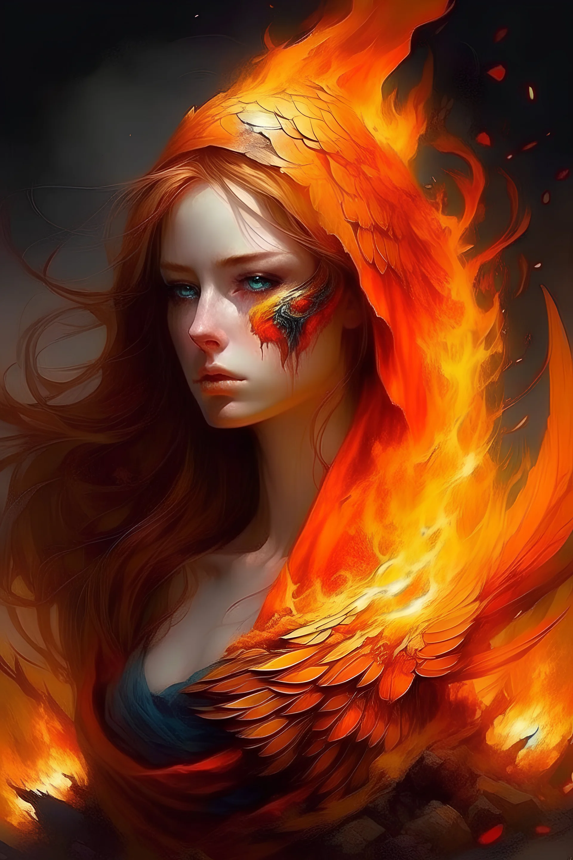 A beautiful veiled girl hides the burning of her heart with her bright appearance, like a phoenix rising from the rubble