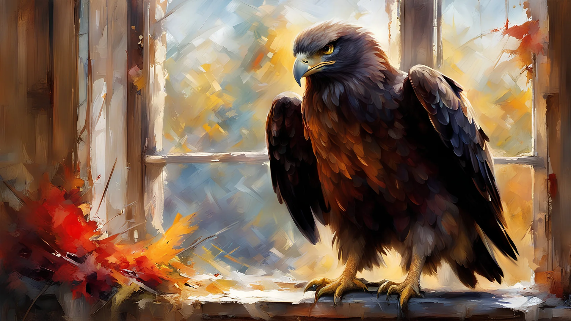 (My sad companion the young eagle, flapping his wing, Pecking bloody food under the window), soft impressionist brushstrokes, richard schmid style canvas texture, magical glow, magical lighting, by Jean-Baptiste Monge: 20 Artgerm:5 and Greg Rutkowski:30, by richard schmid :10, Painting by richard schmid