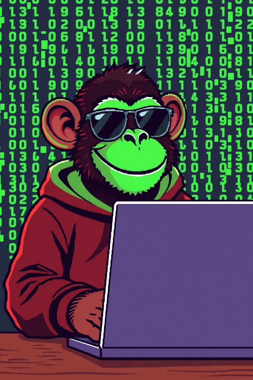 A grinning Monkey sitting in front of a laptop, hacking systems, wearing a hoodie and sunglasses. Matrix in background. Pixel Art. Profile Picture. Avatar. Pixel