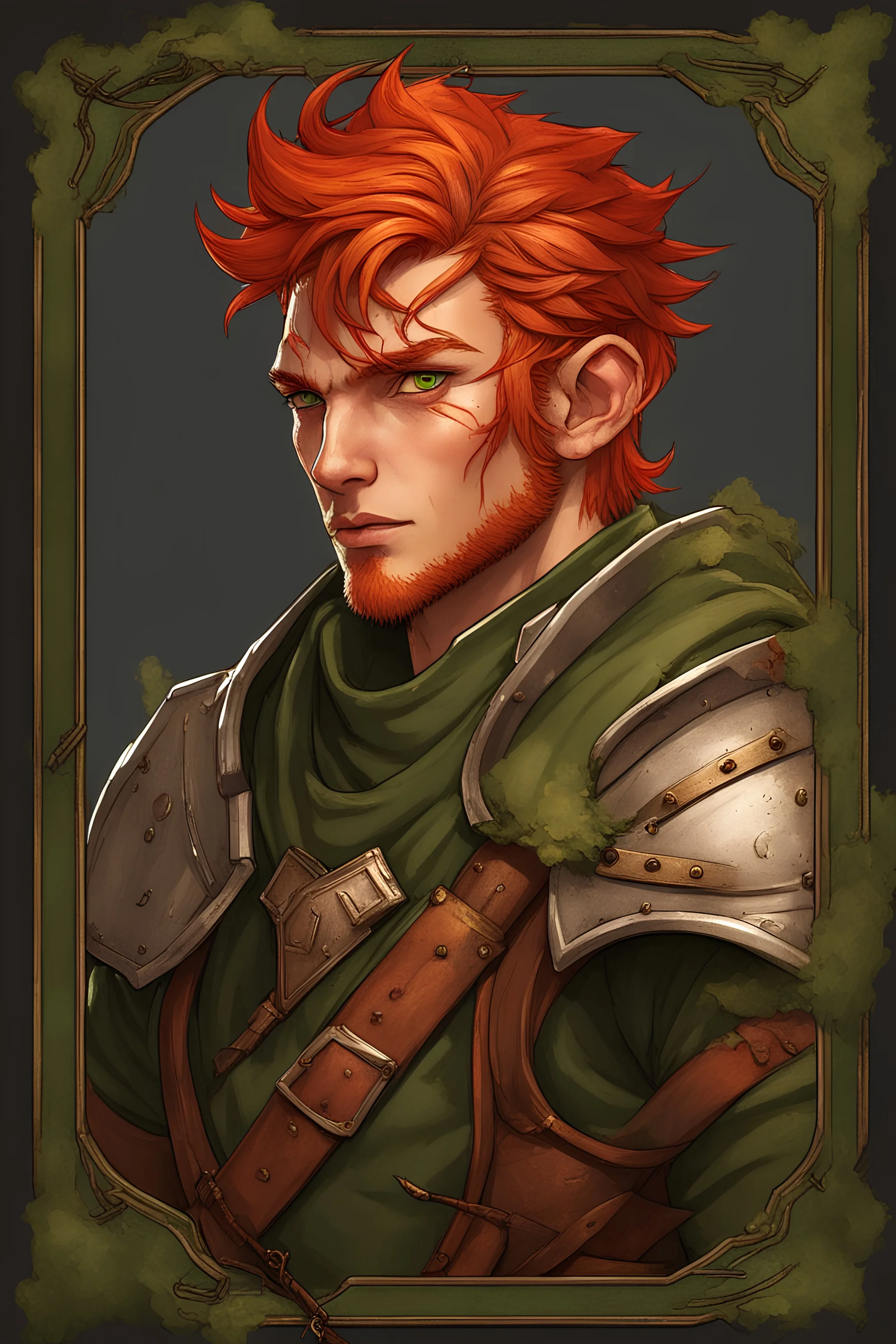 Male wood elf medieval fantasy combat medic. With fiery red hair cascading like autumn leaves and piercing green eyes that hold ancient wisdom, this enigmatic character blends the art of healing with the prowess of battle. Clad in adventuring gear adorned with intricate medical accessories