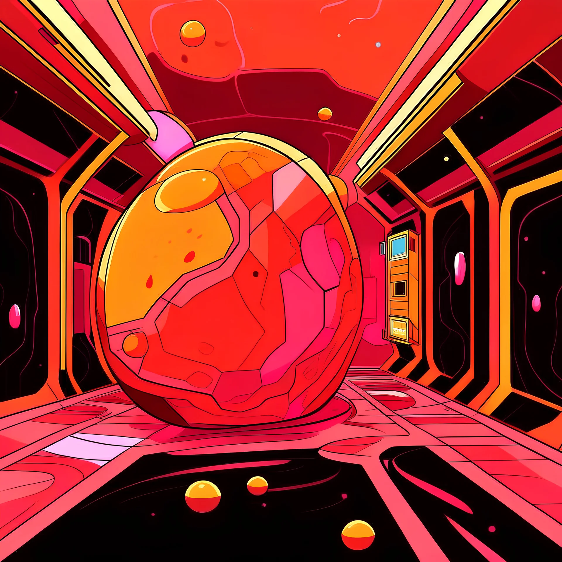 Fantasy Space inside station cartoon, yellow, pink and orange