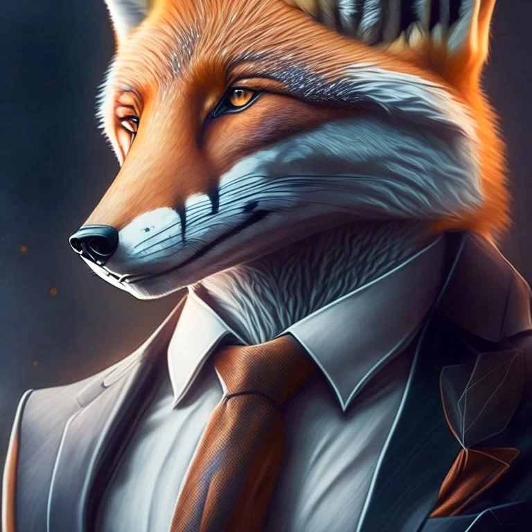 Illustrative sketch of a image of an humanoid fox, suit and tie, arte lineal ultra quality, 8k