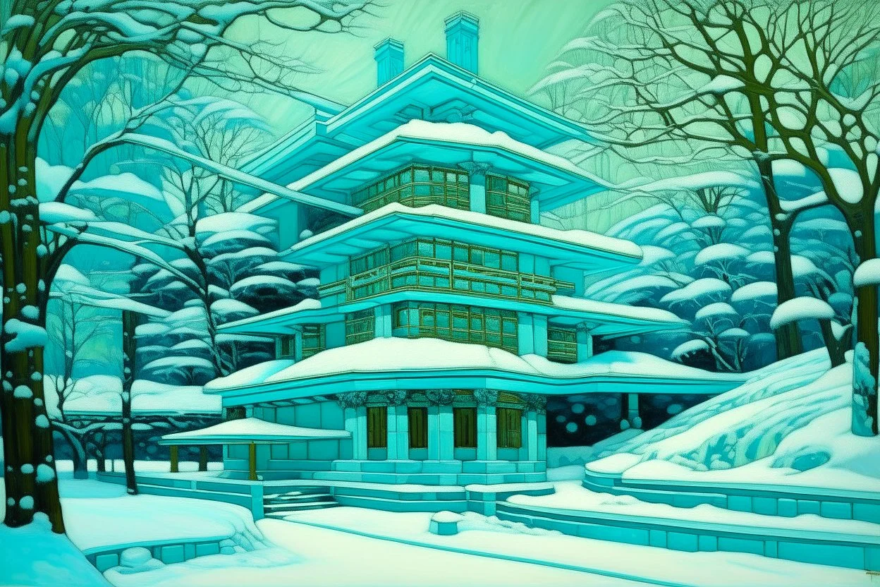 A cyan winter wonderland painted by Frank Lloyd Wright