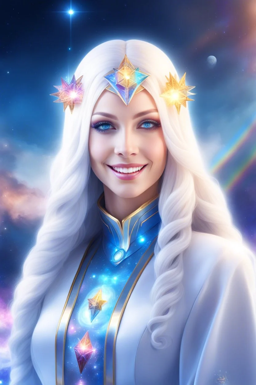 cosmic woman smile,galactic fédération, admiral from the future, one fine whole face, crystalline skin, expressive blue eyes,rainbow, smiling lips, very nice smile, costume pleiadian, Beautiful tall woman pleiadian Galactic commander, ship, perfect datailed golden galactic suit, high rank,rainbow hair, hand whit five perfect detailed finger, amazing big blue eyes, smilling mouth, high drfinition lips, cosmic happiness, bright colors, blue, pink, gold, jewels, realist, high,ufo,butterfly rainbow,