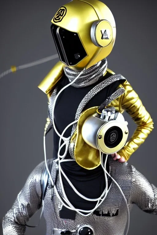 Metallic Cyber-punk style man with camera-mask and old AKG-style headphones with golden rings. Fencing mask covers man's cheeks. Good body shape. Reflective plastic. Body and head full of integrated old-fashioned cameras. Ancient silver telephone attached to perfect body, trunk. Euclidean 3D-tiling, Escher tiling, background. Cables from shoulder, connect. Daft Punk, Tron Matrix movie black leather jacket, tippet. Yellow latex areas in black leather surfaces body. 1990's. Trypophobia, ant