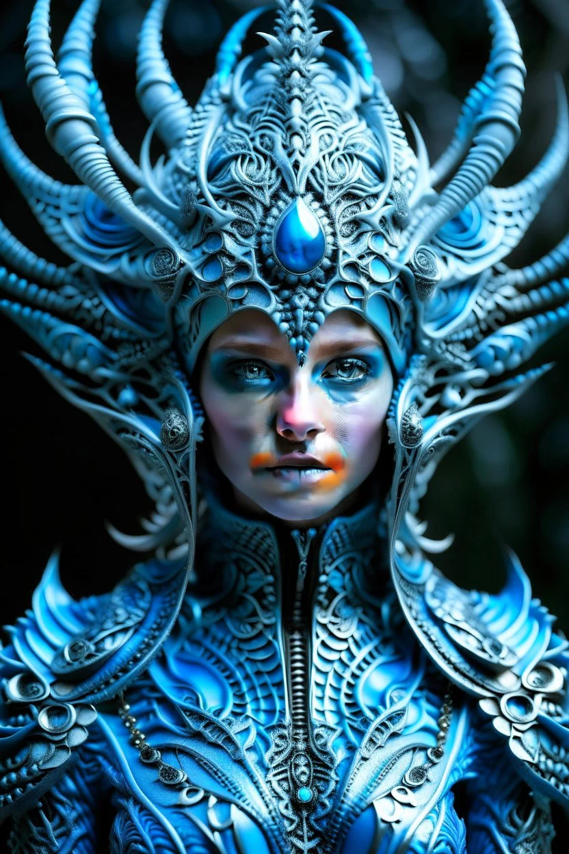 A beautiful alien with big eyes and small nose and mouth wearing a bioluminescense light blue zafír biomechanical silver metallic diadem headress, wearing biomechanical amalgamation style leather jacket dress ribbed with silver floral metallic filigree biomechanical vantablack pattern, organic bio spinal ribbed detail of gothic winter backround extremely detailed maximalist hyperrealistic portrait art