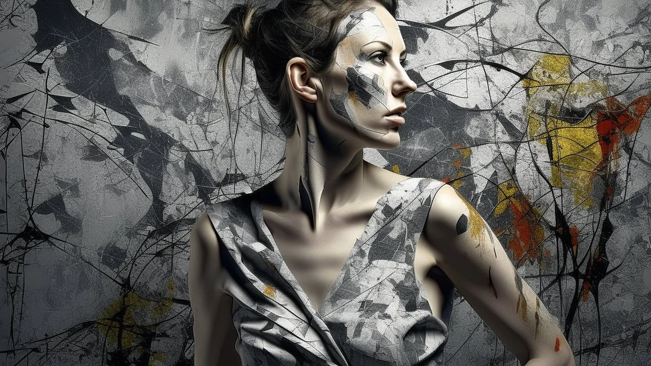 An artistic image depicting a woman against a textured abstract background. The woman's skin is painted irregularly, following a Jackson Pollock-style pattern, covering her entire body. The background is gray with a rough texture that complements the intensity of the body paint. The overall composition is asymmetrical, emphasizing its artistic and avant-garde nature.