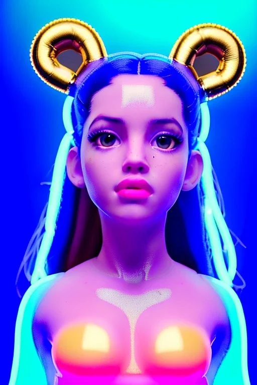 Rosalía artist, Realistic image, natural waist up portrait, perfect eyes, glow, circle iris, eye liner. pigtails hair, face, spray line make up, glow. lips, gold. big rings piercing, led ornament, pearls. coat, latex, inflatable, hot, led lights, minimal, neon, pink, blue, gold, vibrant color, highly detailed, art stations, concept art, smooth, unreal engine 5, god lights, ray tracing, RTX, lumen lighting, ultra detail, volumetric lighting, 3d, finely drawn, high definition, 4k.