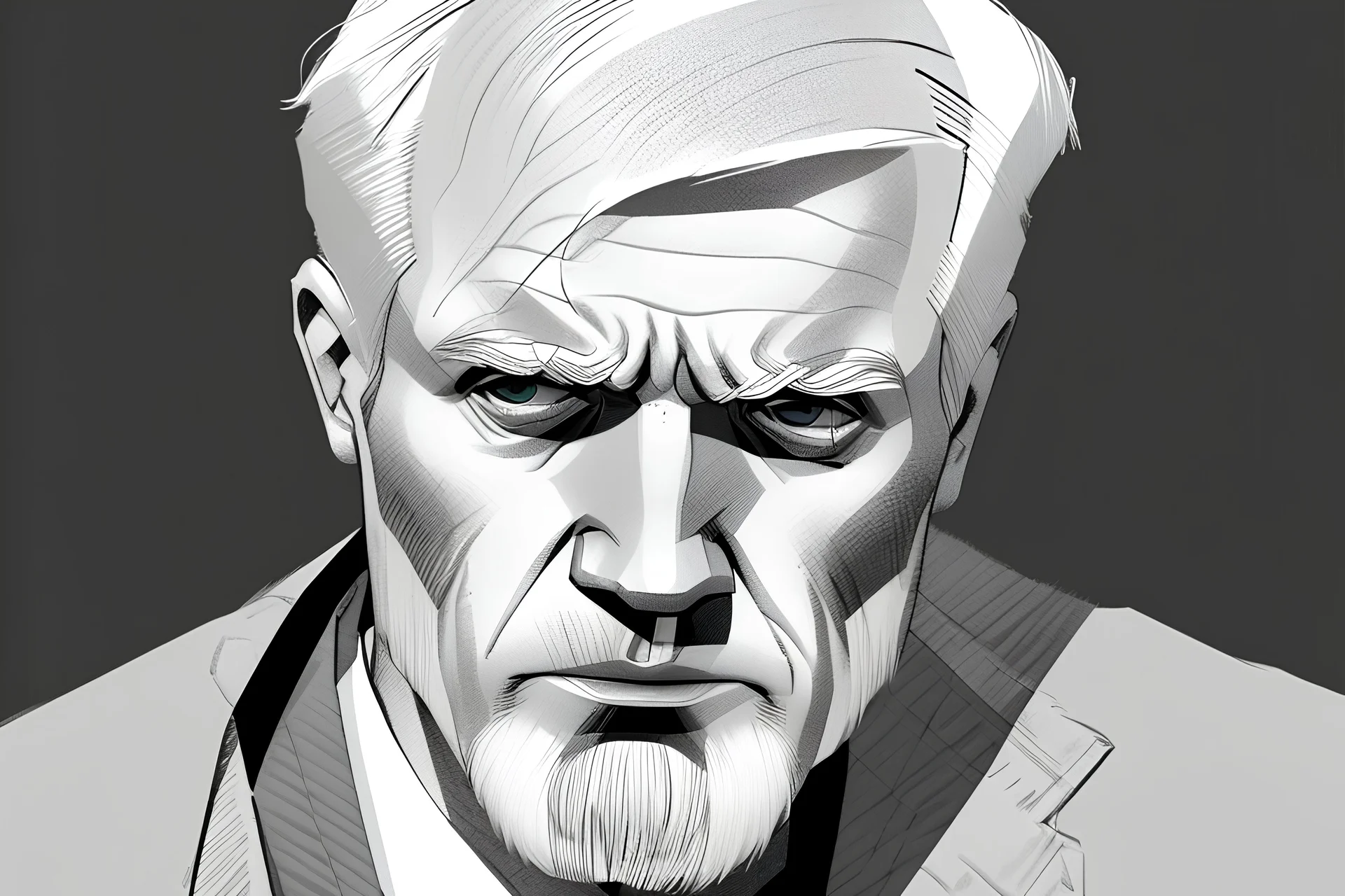 headshot of an older, white man staring blankly into the camera, the man looks the president of an bank, graphic novel, highly detailed in the comic style of tim sale,