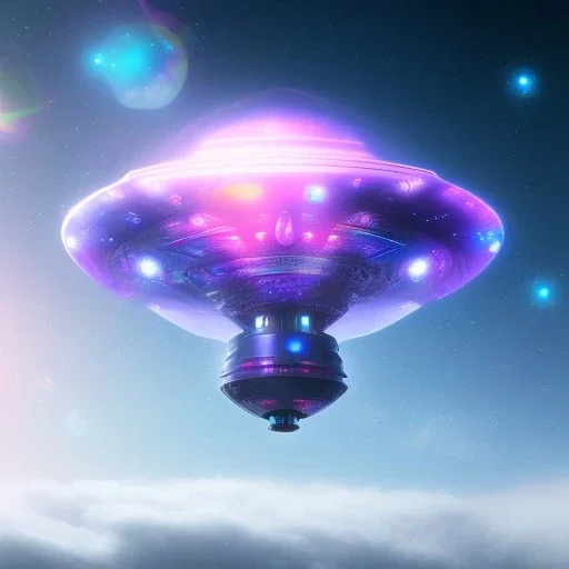 ufo grande luminosa, cristalli luminosi, SWANN, cielo rosa blu, pieno di dettagli, sole liscio e luminoso ， atmosfera di luce soffusa, effetto luce ，