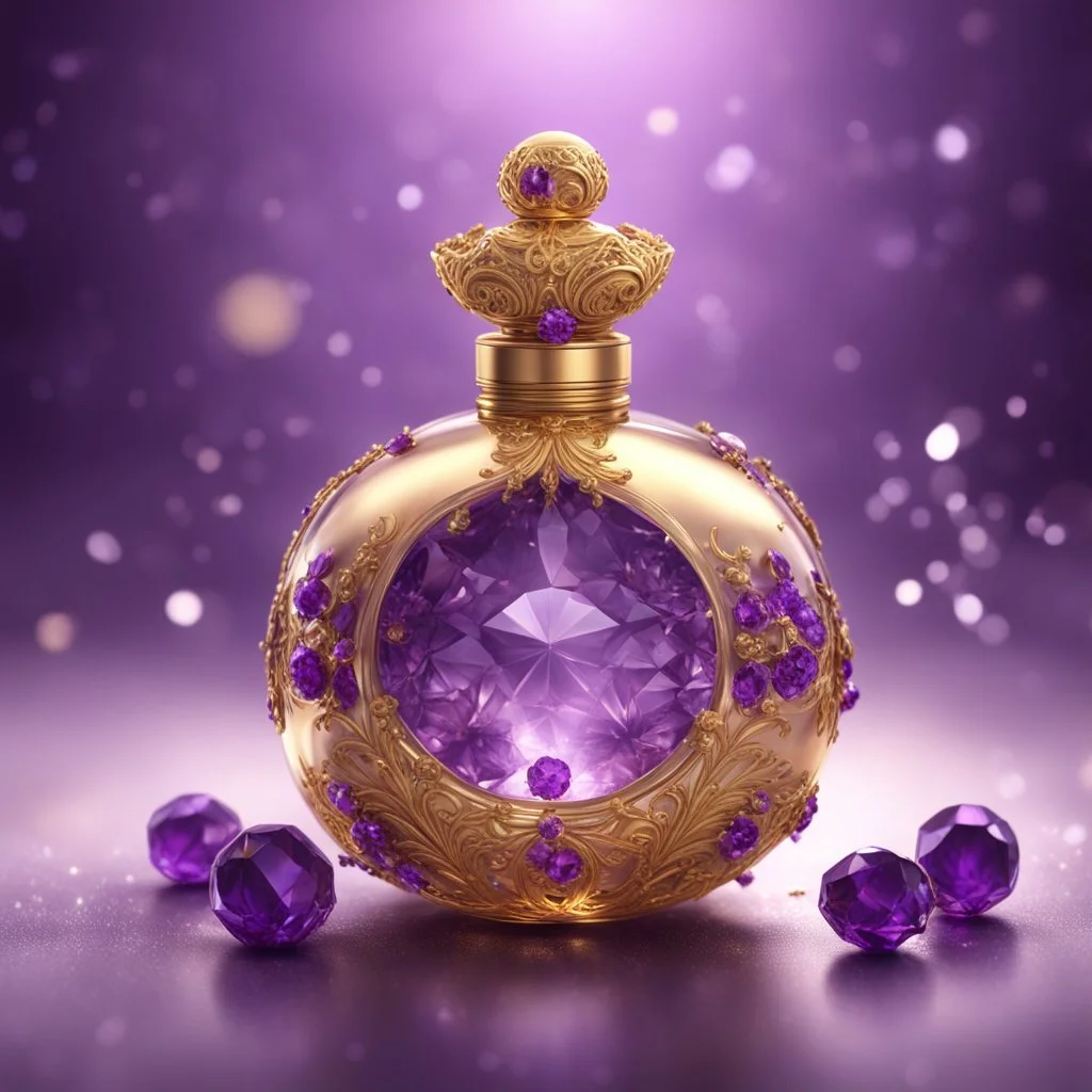 Golden round perfume bottle with purple crystal cap and small purple decorations. Illustrative art, art interpretation, concept art, cgsociety contest winner, seasonal art, seasonal art HD, 4k, 8k, intricate, detailed, intricately detailed, luminous, translucent fantasy crystal, holographic data, soft body, shadow play, light, fog, atmospheric, cinematic, light film, hyper-detailed, hyper-realistic, masterpiece, atmospheric, high resolution, 8k, HDR, 500px, mysterious and artistic digital art, p