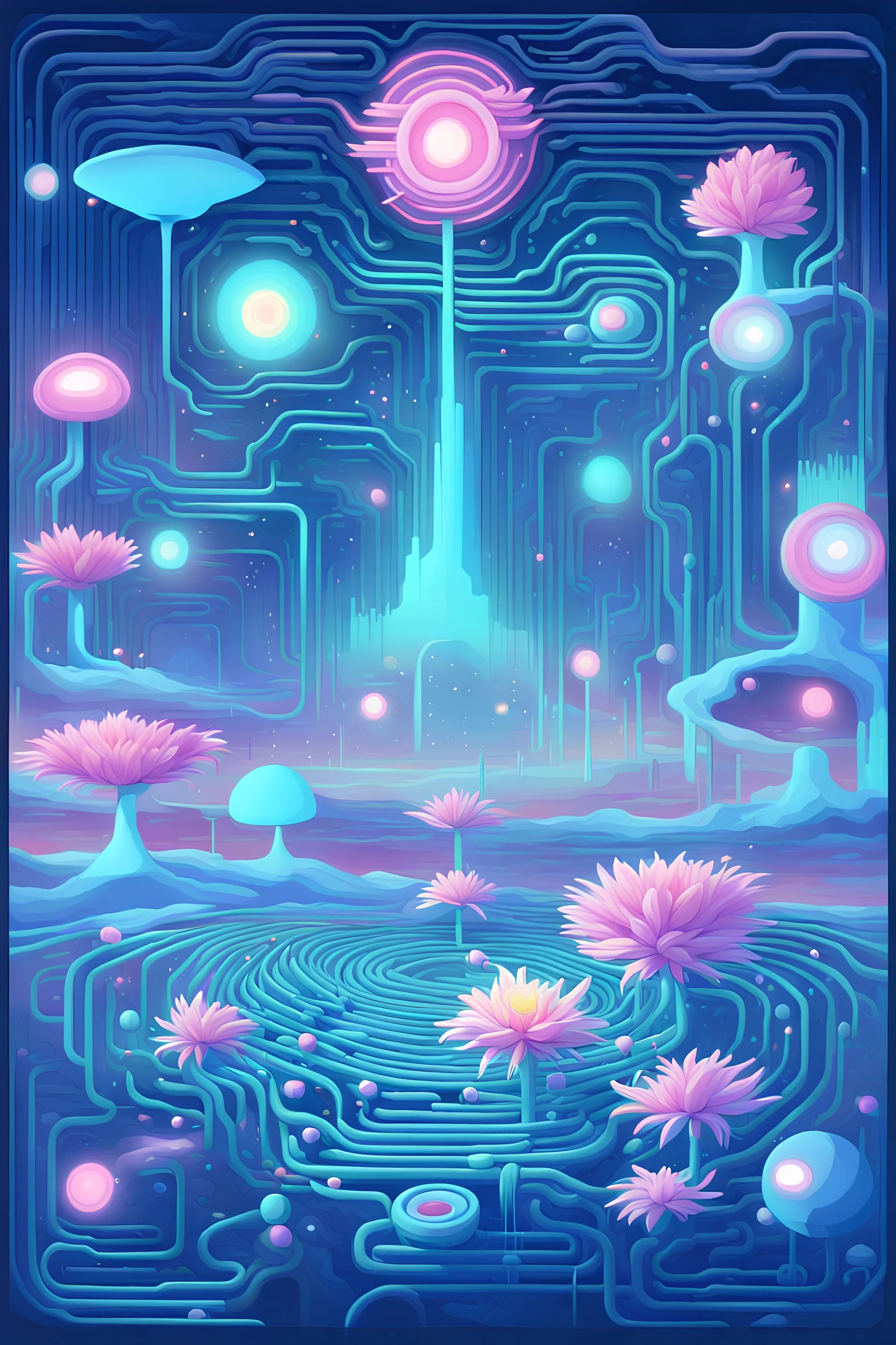 Step into a mesmerizing sonata where the delicate dance of flora and circuits unfolds as ephemeral lines of code. The characters from South Park, transformed into stunning biomechanical entities, navigate this surreal landscape. Their familiar faces take on a new, otherworldly charm as they become part of the intricate tapestry of nature and technology.