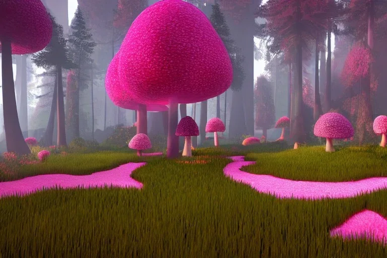 Fantasy dreamworks Paysage forêt maison dans les grands arbres avec champignons roses et une rivière bordée de grandes fleurs roses, lumiere volumetrique, unity engine