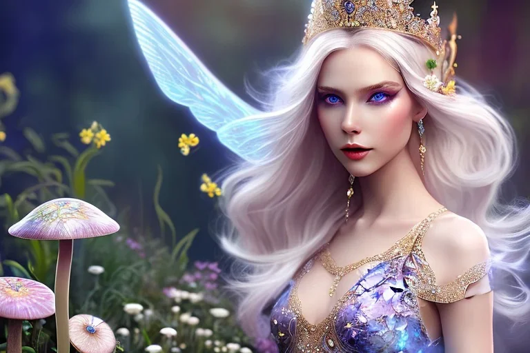 Fantasy cute elf with transparent wings, smiling, make up, long blond platinum hair, blue eyes, crown, beautiful dress, flowers and mushrooms in background, HQ, high key lighting, volumetric light high details