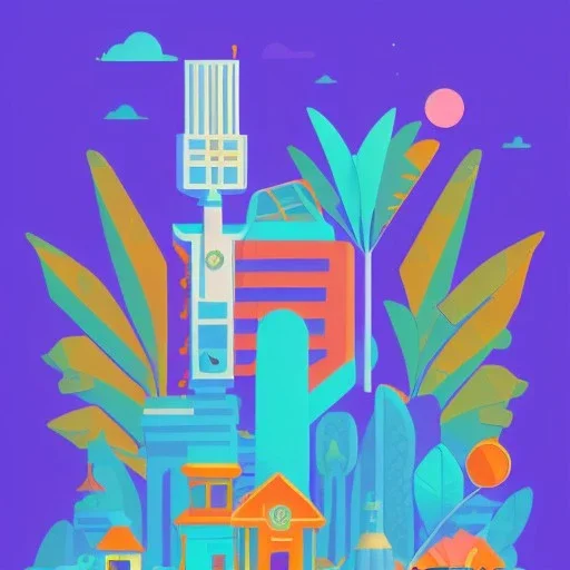 city, tropical, latino, plants, flat design, cover style, 2 colors