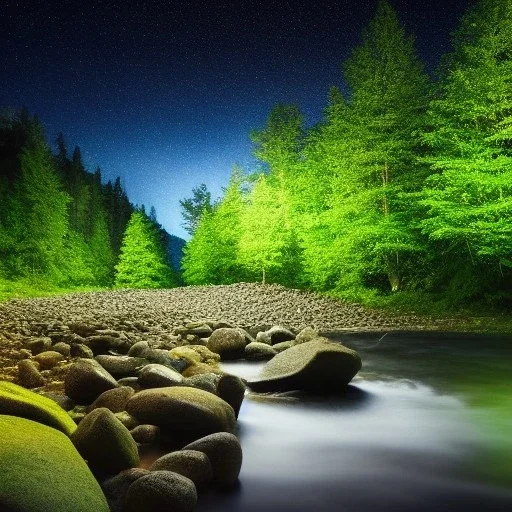 a dense florest, night, river, stones, rain, wind, high detailed