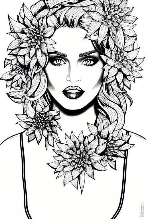 hyper detailed, black and white, thick line, coloring book illustration, lineart, stunningly beautiful woman in flowers